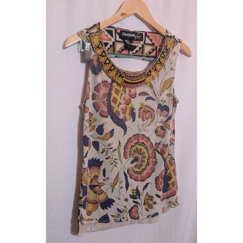 Desigual Lacroix Floral Aztec Print Tank Top Embellished Neck  Sz S  Cut-Out